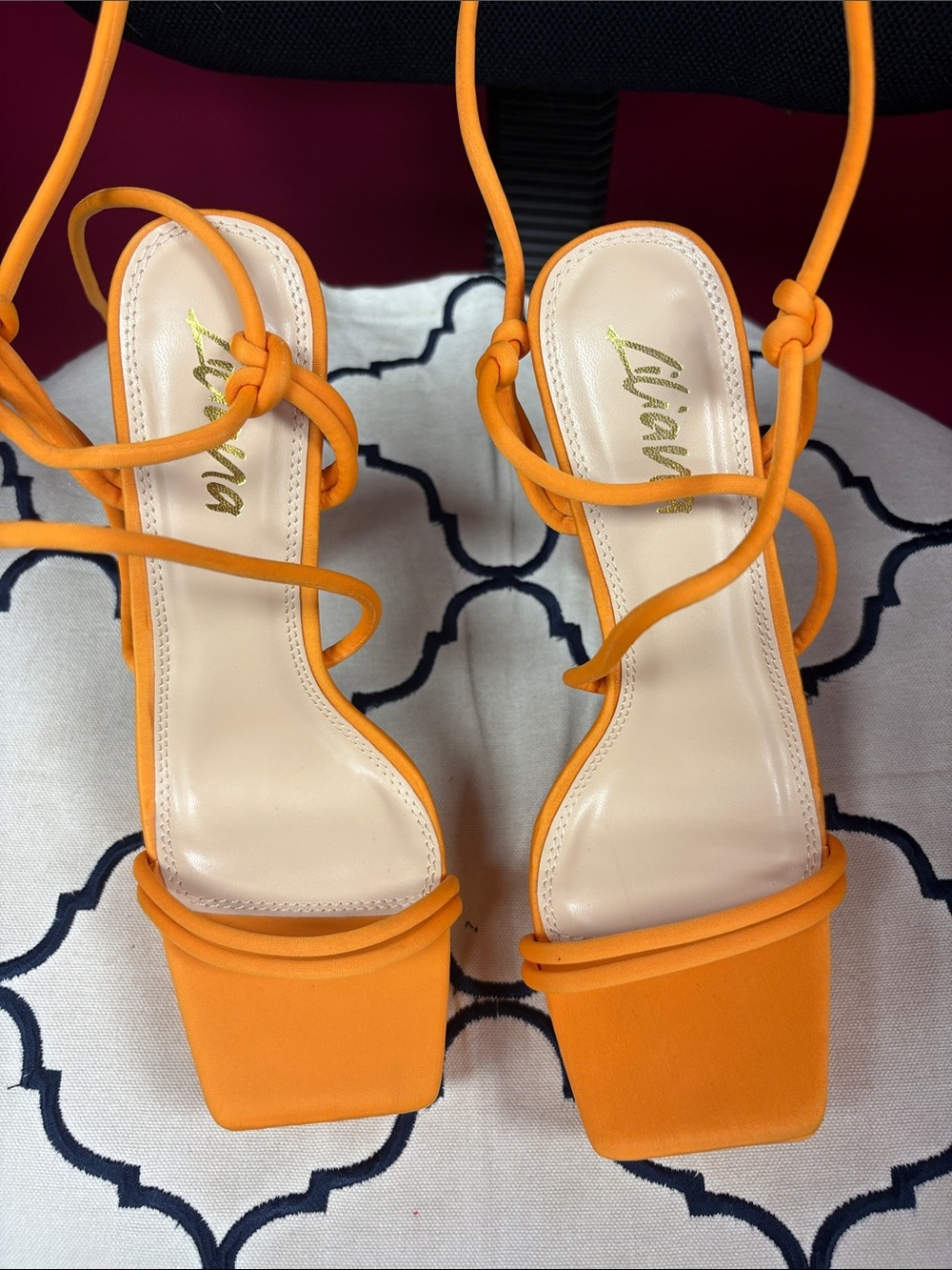 Liliana Orange Strappy Square-Toe Heels